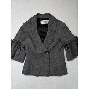 Trina Turk Black & White Tweed Blazer 3/4 Ruffle Sleeves Size 4 Wool/Silk Blend